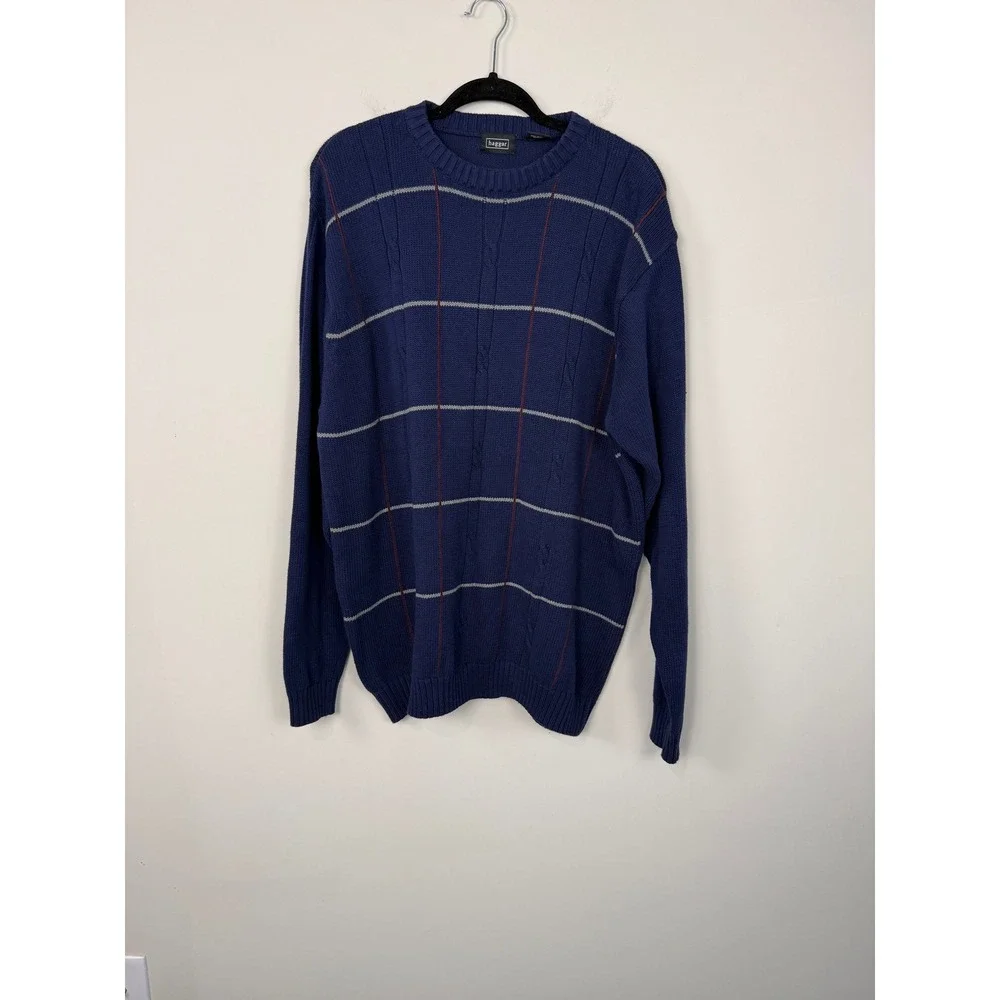 Y2K Haggar Blue Cable Knit Men's XL Windowpane Plaid Crewneck Sweater Vintage